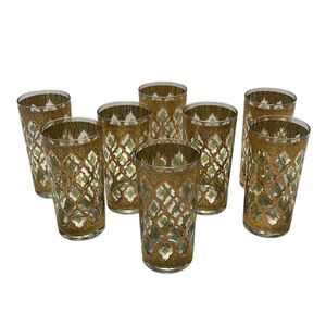Vintage MCM Culver Valencia Print 22K Gold Highball Glasses Set of 8